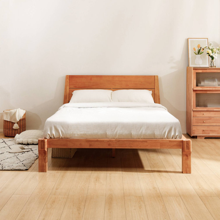 Solid Wood Japanese Joinery Bed With Headboard, Rustic & Mid-century Modern Design